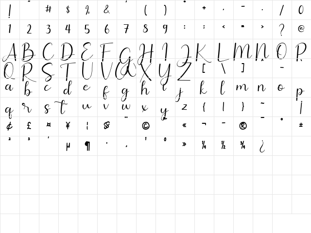 Amillina Regular  glyph index