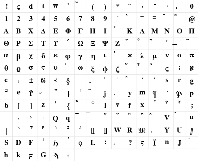 Hellenica Bold  glyph index