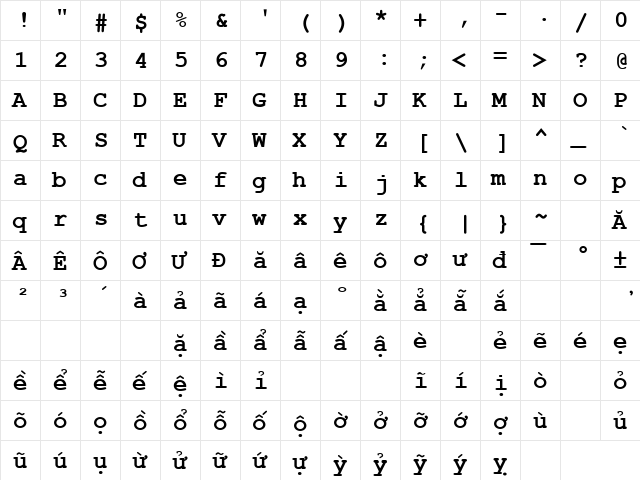 .VnCourier New Bold  glyph index