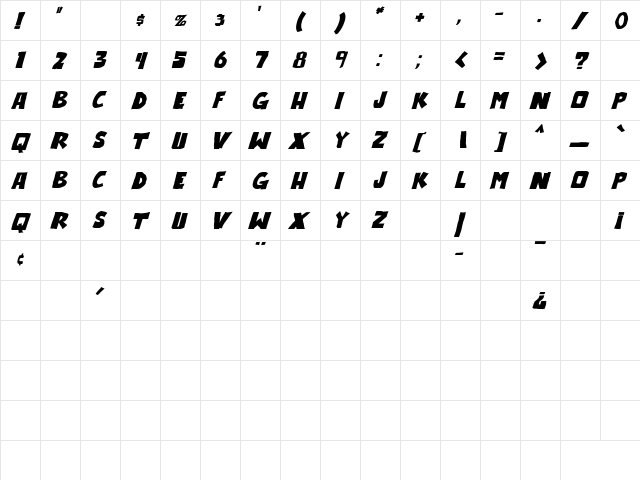 Outlander Italic  glyph index
