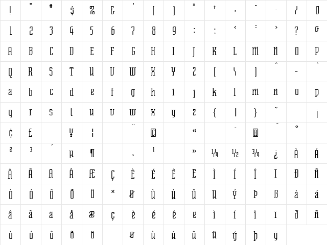 SenatorThin Regular  glyph index