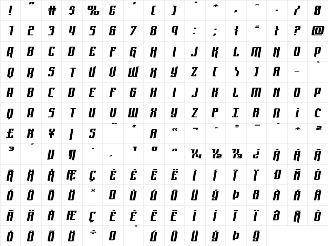 Night Traveler Wide Italic Regular  glyph index