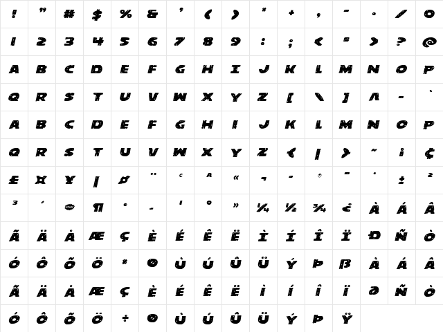 Behemuth Expanded Italic Expanded Italic  glyph index