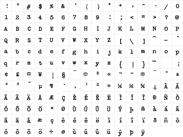 Secret Service Typewriter Regular  glyph index