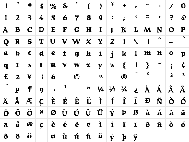 JournalLining Bold  glyph index