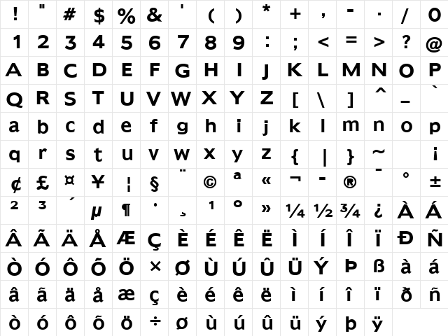 Adams Bold  glyph index