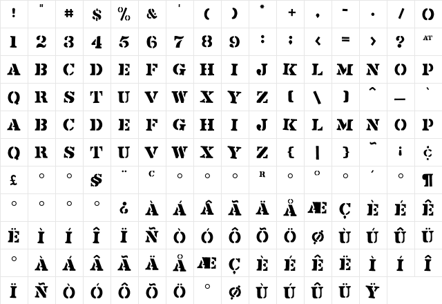 Flyerfonts Crucified  glyph index