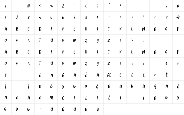 Balming Regular  glyph index
