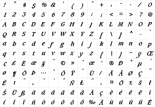 Caxton-BoldItalic Regular  glyph index