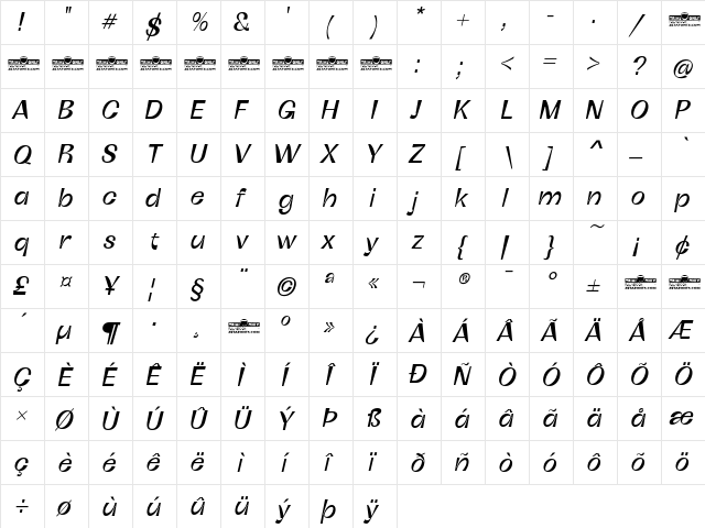 Boring Sans C Trial Italic  glyph index