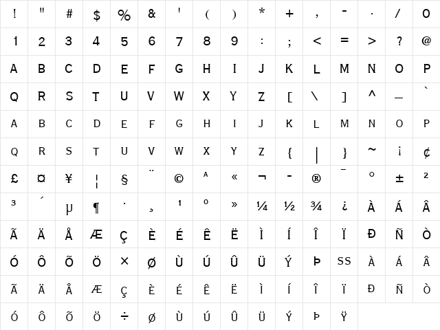 Copperplate LT 29bc Regular  glyph index