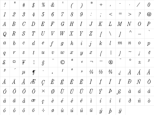 ITCCentury-CondensedLight LightItalic  glyph index