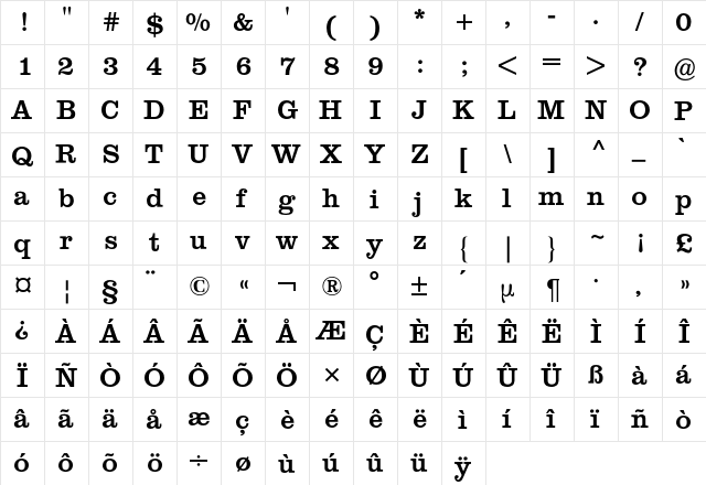 Clarendon BQ Regular  glyph index