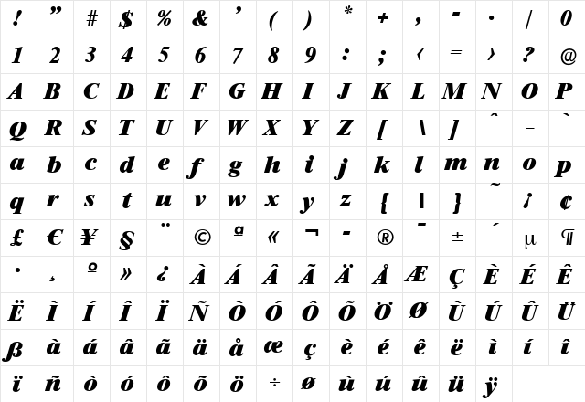 SimonBecker-Heavy Italic  glyph index