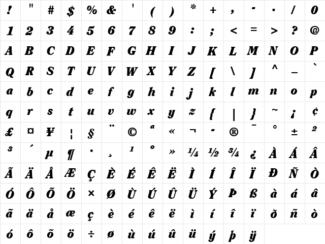 Clearface LT Bold Bold Italic  glyph index