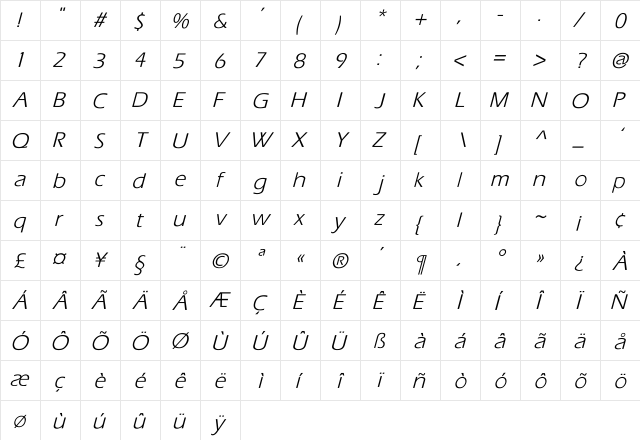 Eras-Normal Italic Italic  glyph index