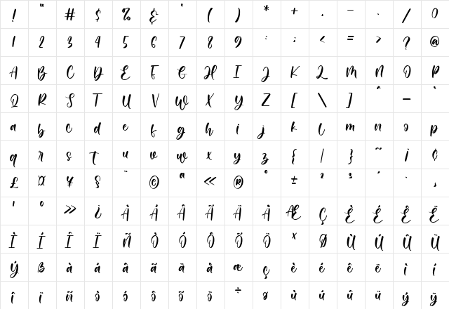 Winny Beatrice Regular  glyph index