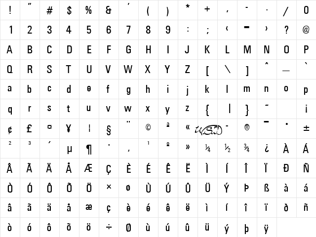 Universal Condensed Regular  glyph index