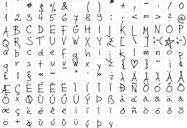 DJB Zora Prints Regular  glyph index