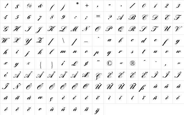 Englische Schreibschrift BQ Regular  glyph index