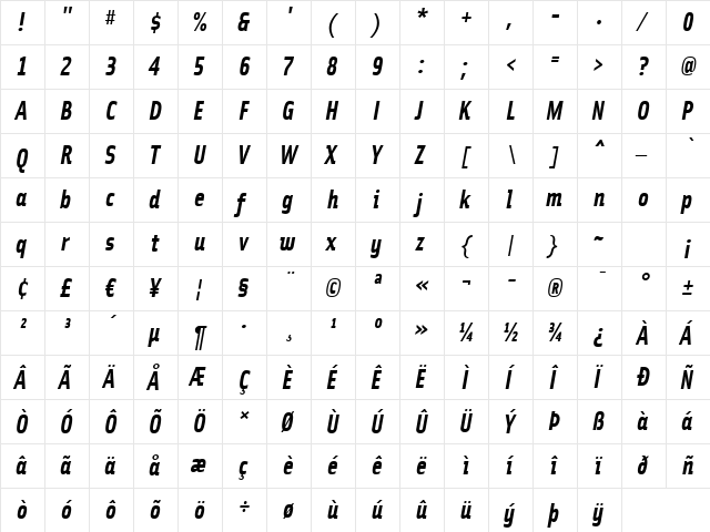 SolexBoldLiningItalic Regular  glyph index