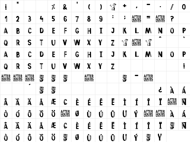 Afterhours Regular  glyph index