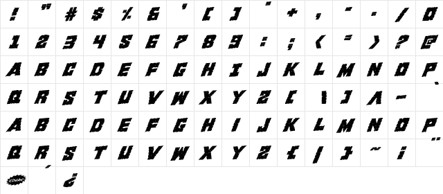 King Commando Rotalic Italic  glyph index