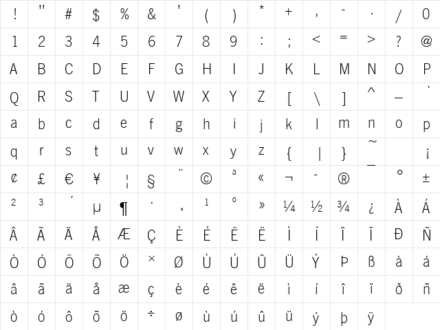 Newcastle-Light Regular  glyph index