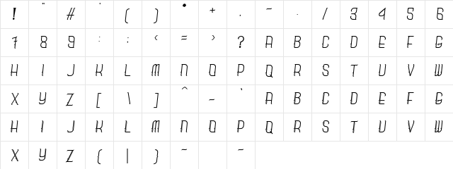 Breadly Italic  glyph index