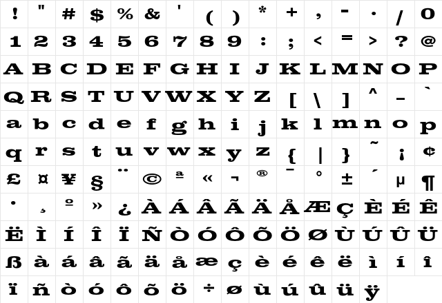 ClarendonEF BoldExpanded  glyph index