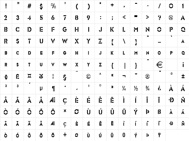 TemplettSCondensed Normal  glyph index