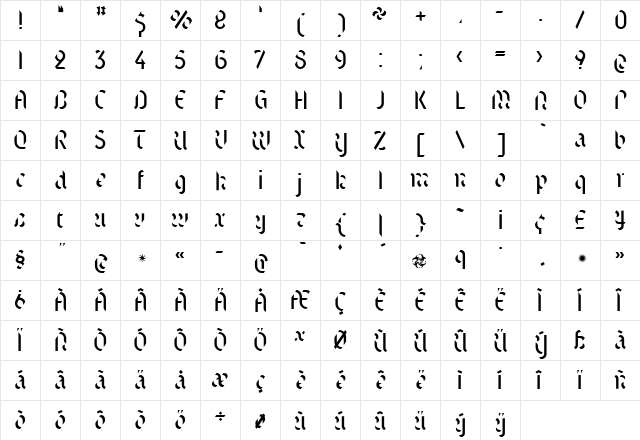 Text Regular  glyph index