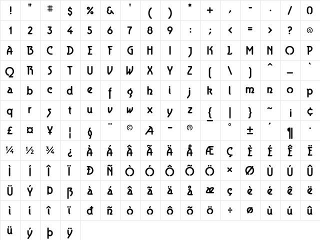 Aerolite Bold Regular  glyph index