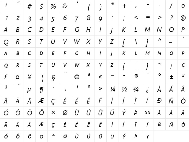 BlissCaps Regular  glyph index