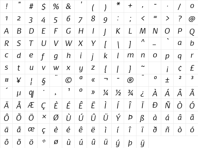 Dancer Pro Light Italic  glyph index