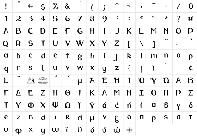 MSCaraway Regular  glyph index