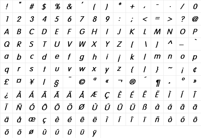 Vogue-Normal Bold Italic Regular  glyph index