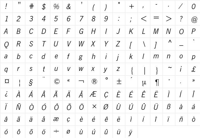 News Gothic BQ Regular  glyph index