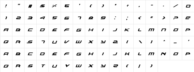 Alexis Italic Italic  glyph index