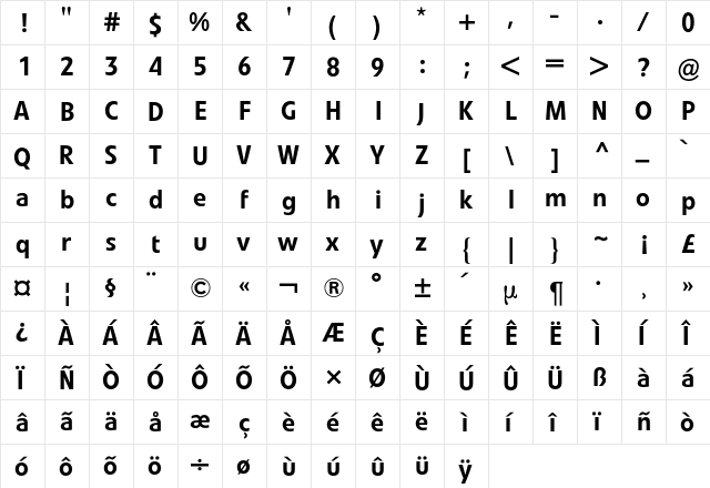 Evo BQ Regular  glyph index