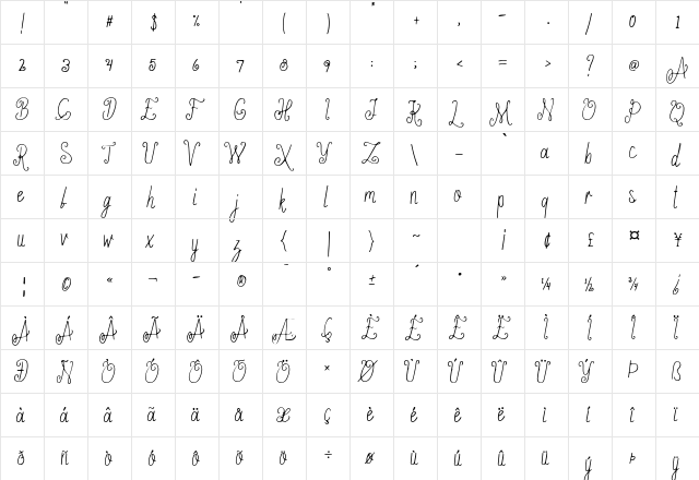 Ameliana Regular  glyph index