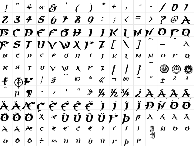 PrinceofPersia Regular  glyph index