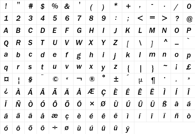 Franklin ITC BQ Regular  glyph index