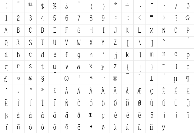 GothicBlond Regular  glyph index