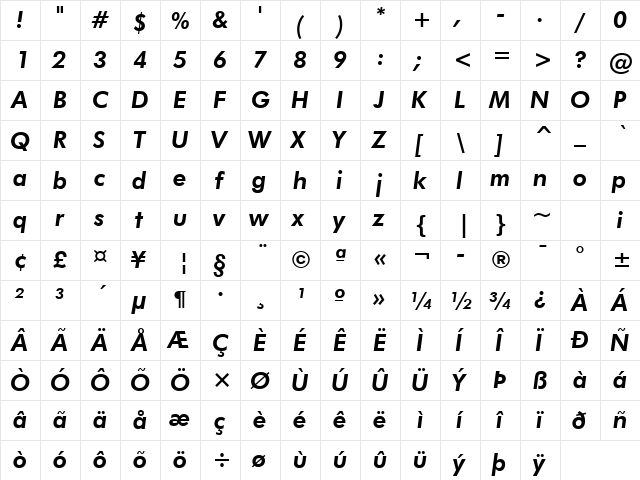 Futura Heavy Italic  glyph index