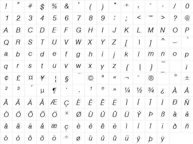 Nimbus Sans Becker TLig Italic  glyph index