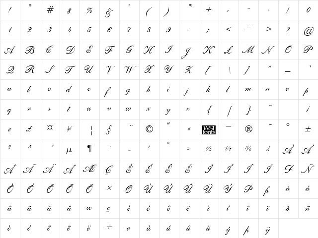 SheerBeauty Regular  glyph index