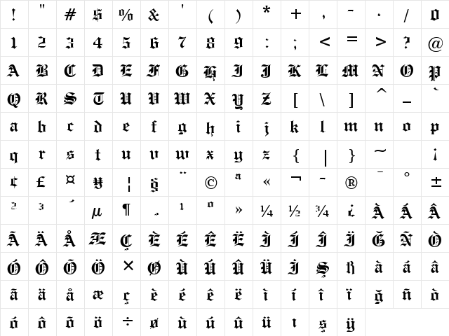 EngrvrsOldEng Bd BT Bold  glyph index