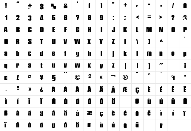 PlaketteFive Regular  glyph index