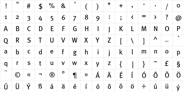 MetaBookCE Roman  glyph index